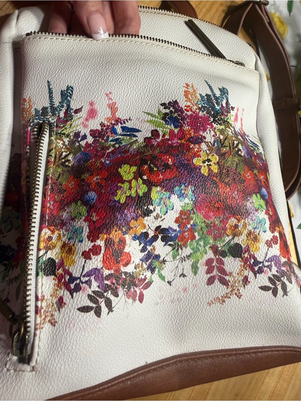 Elliott Lucca White Floral Backpack with Brown Trim